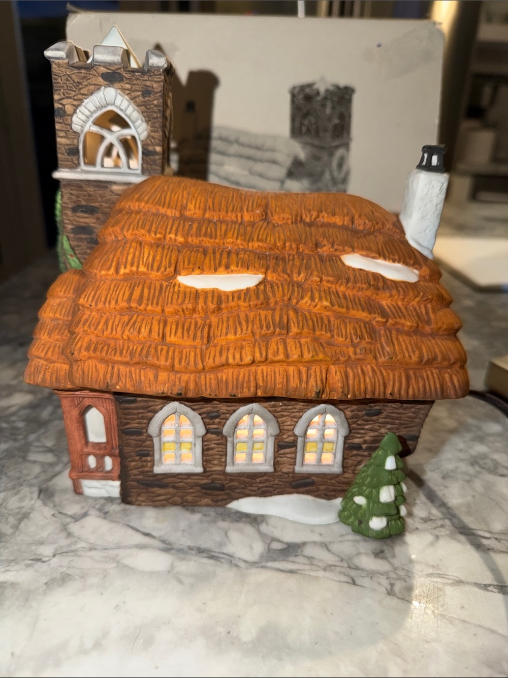 Holiday Ceramic Cottage with Orange Roof - Festive Home Decor